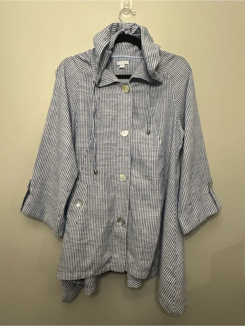 Sigrid Olsen Linen Cotton Stripe Jacket Womens Large Blue White Hooded Lagenlook